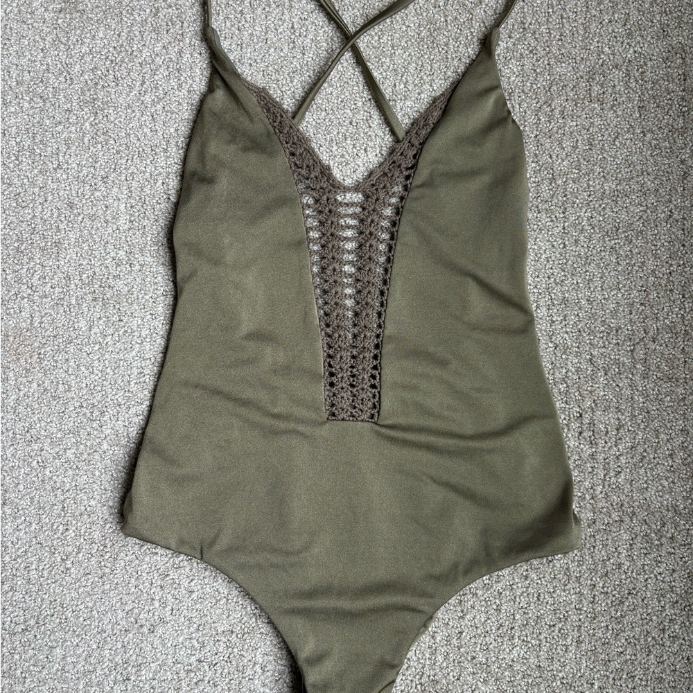 Olive Green One-Piece Swimsuit with Crochet Detail